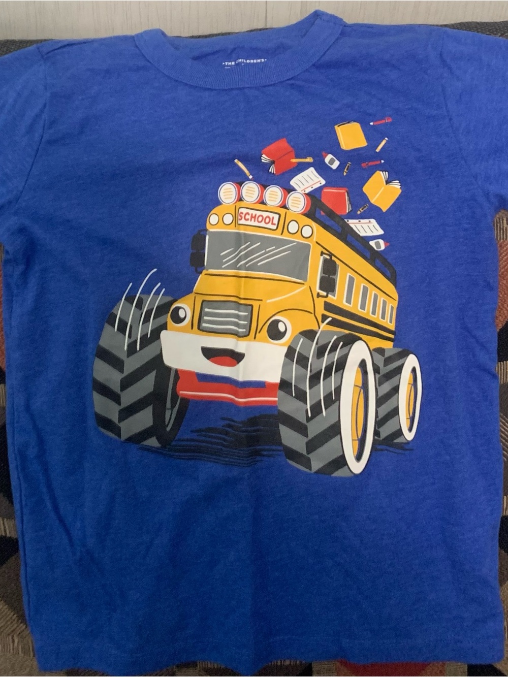 The Children's Place Royal Blue Tee with Yellow Monster School Bus Graphic